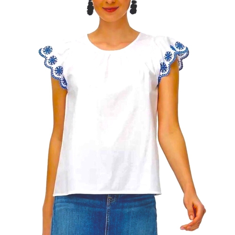 Sz S J Crew White Eyelet Shirt with Blue Embroidery Flutter Sleeve